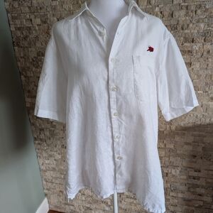 Perlis Mens 100% Linen White Button Up Crawfish Embroidered Shirt Sz L